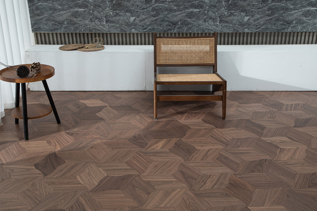 YXPH110 Black Walnut Curved Petal Floral Marquetry Parquet Flooring | Lily Series