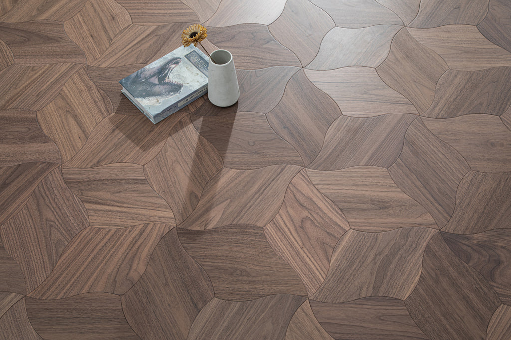 YXPH110 Black Walnut Curved Petal Floral Marquetry Parquet Flooring | Lily Series