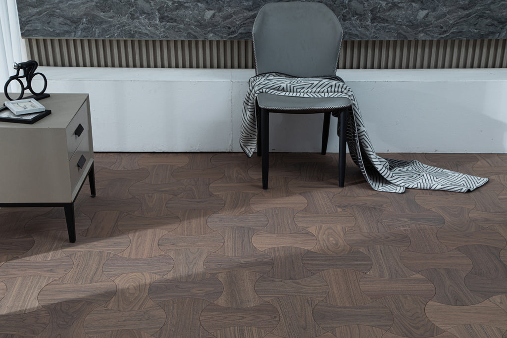 YXPH111 Black Walnut Cinched Curved Modular Parquet Flooring | Wasp Waist Series
