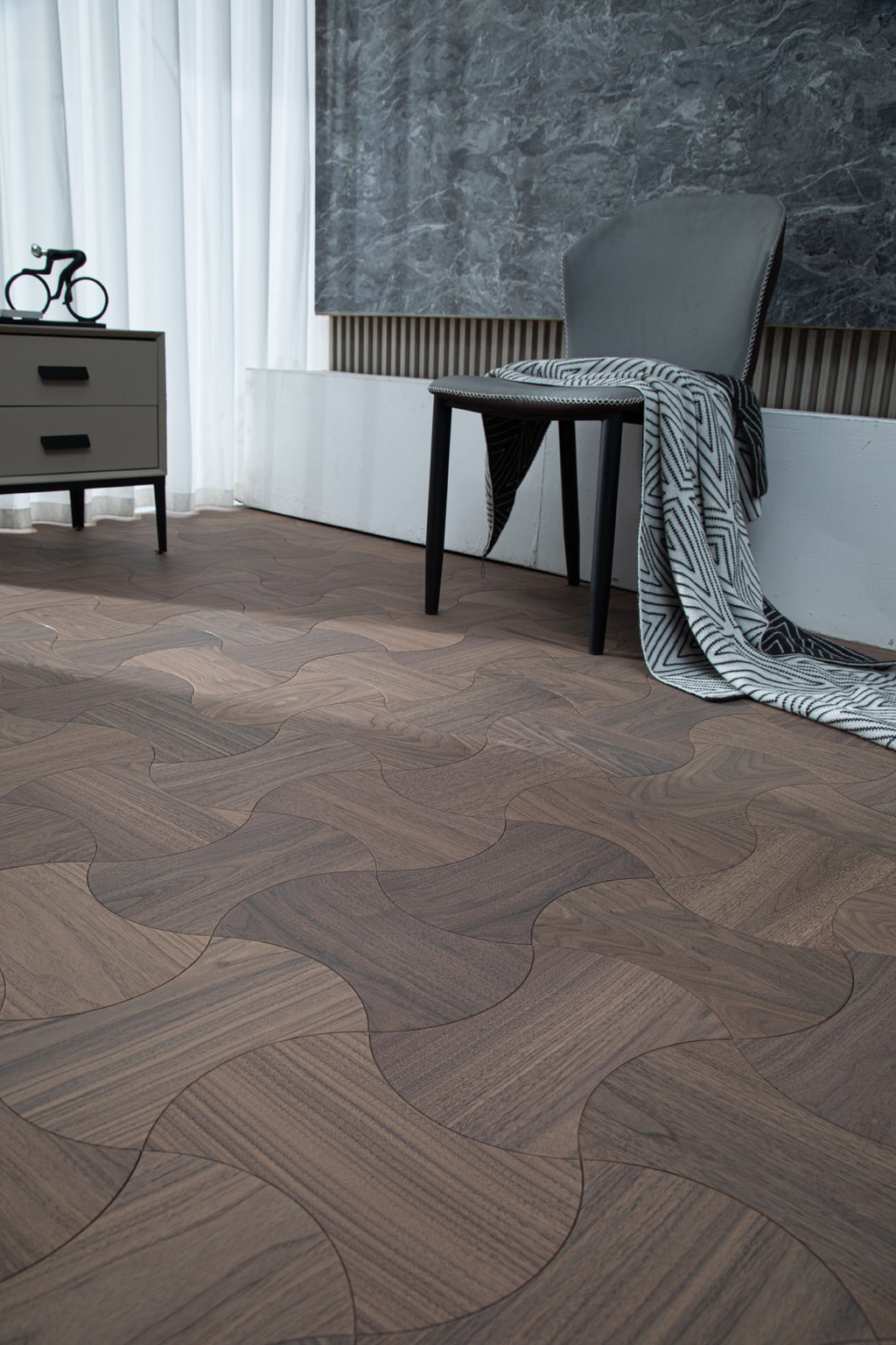 YXPH111 Black Walnut Cinched Curved Modular Parquet Flooring | Wasp Waist Series