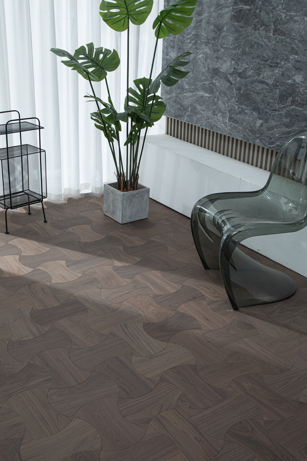 YXPH112 Black Walnut Cinched Curved Modular Parquet Flooring | Wasp Waist Series