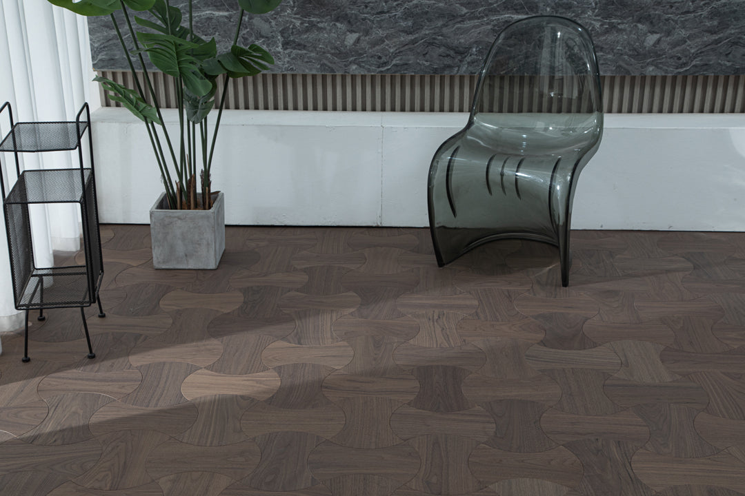 YXPH112 Black Walnut Cinched Curved Modular Parquet Flooring | Wasp Waist Series