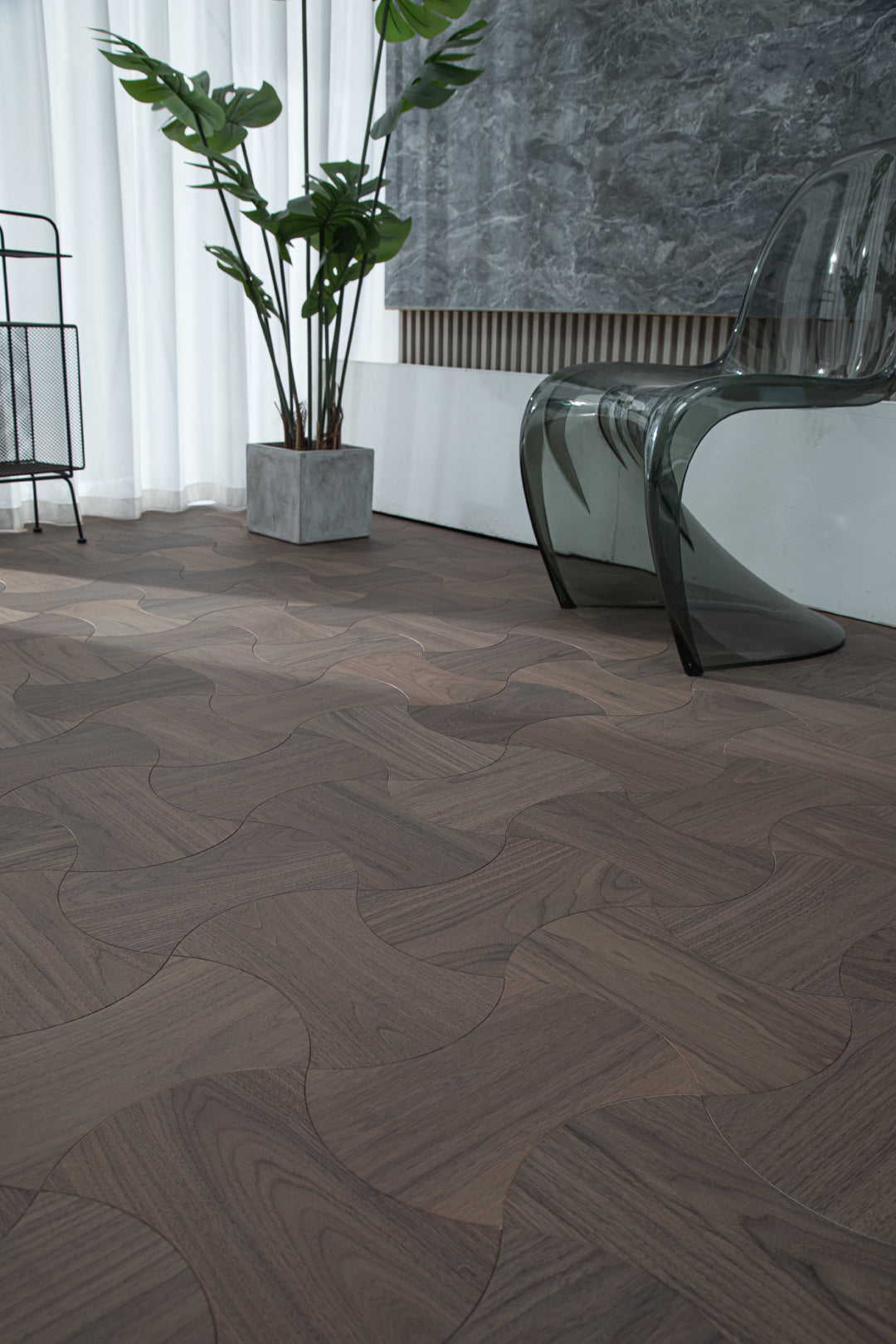 YXPH112 Black Walnut Cinched Curved Modular Parquet Flooring | Wasp Waist Series