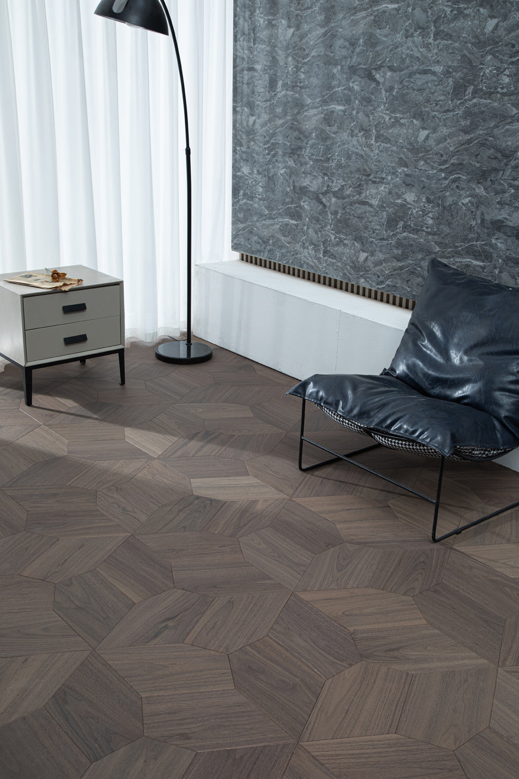 YXPH117 Black Walnut Asymmetric Polygon Parquet Flooring | Fragmented Jade Series