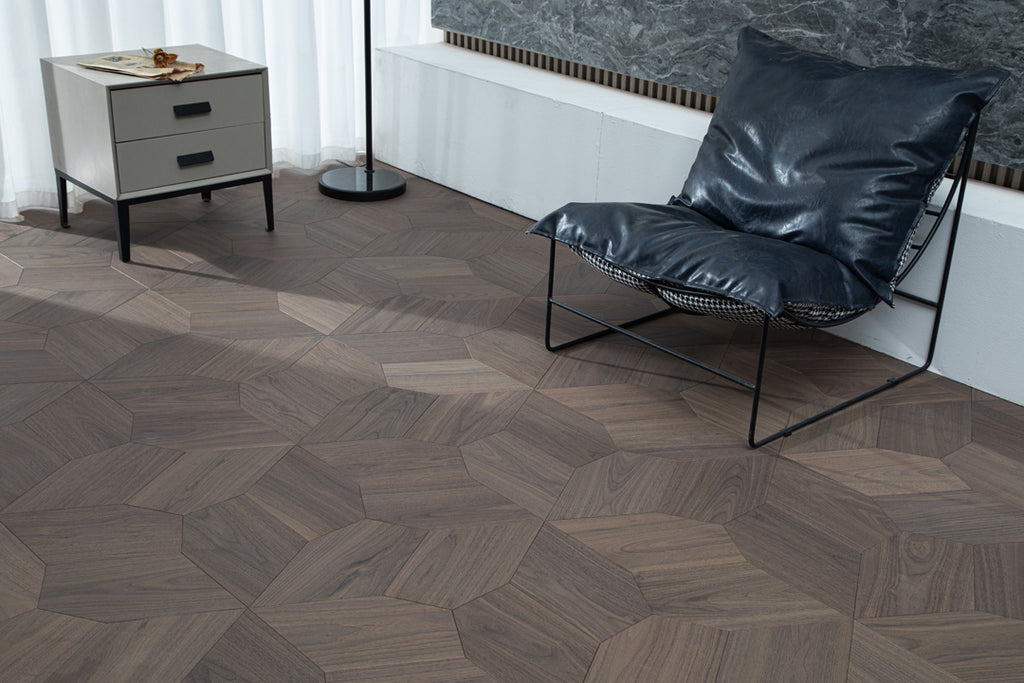 YXPH117 Black Walnut Asymmetric Polygon Parquet Flooring | Fragmented Jade Series