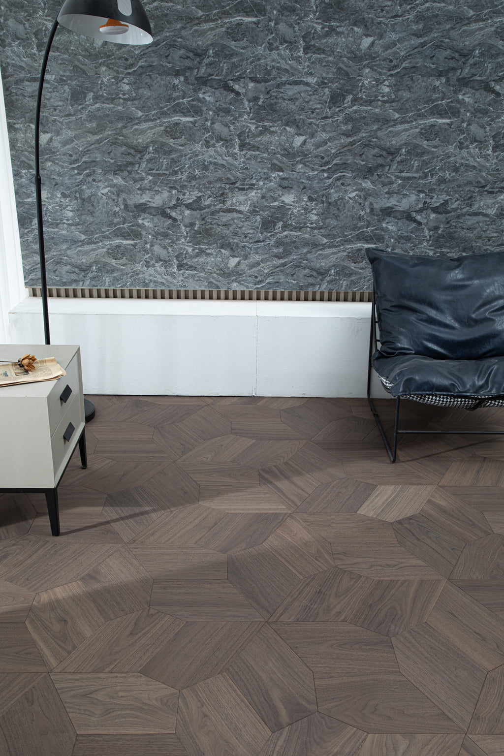 YXPH117 Black Walnut Asymmetric Polygon Parquet Flooring | Fragmented Jade Series