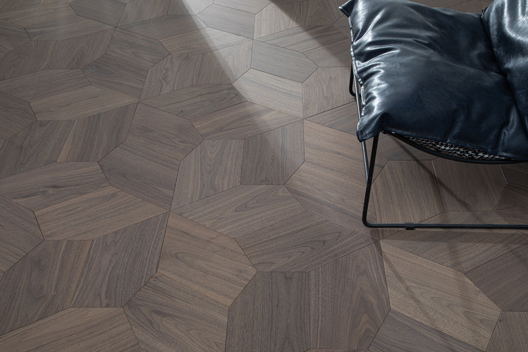 YXPH117 Black Walnut Asymmetric Polygon Parquet Flooring | Fragmented Jade Series