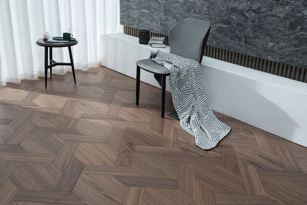 YXPH120 Black Walnut Knot-Weave Pattern Parquet Flooring | Chinese Knot Series