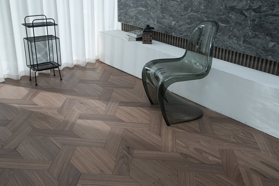 YXPH121 Black Walnut Knot-Weave Pattern Parquet Flooring | Chinese Knot Series