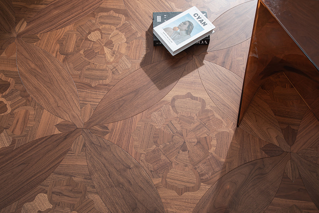 YXPH133 Black Walnut Floral Marquetry Parquet Flooring | Princess Anne Series