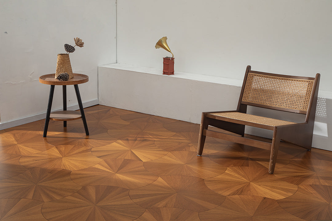 YXPY501 Teak Sunburst Radial Pattern Parquet Flooring | Lotus Leaf Series