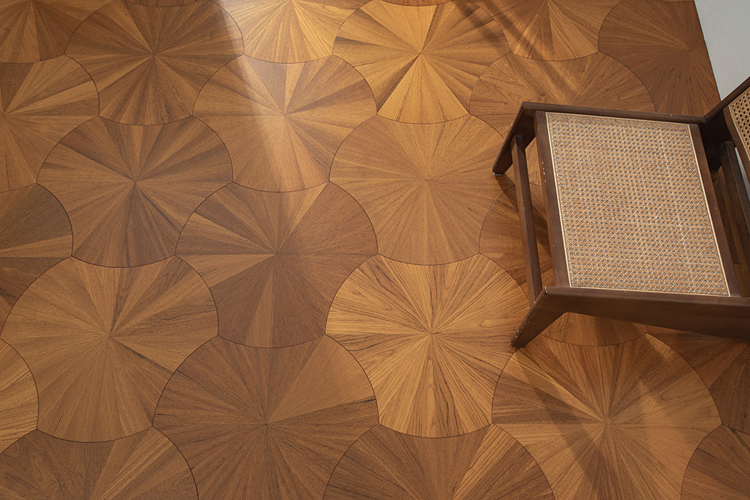 YXPY501 Teak Sunburst Radial Pattern Parquet Flooring | Lotus Leaf Series