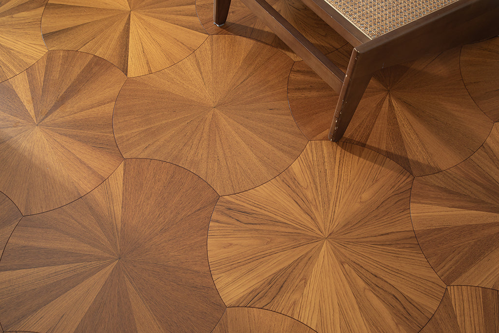 YXPY501 Teak Sunburst Radial Pattern Parquet Flooring | Lotus Leaf Series