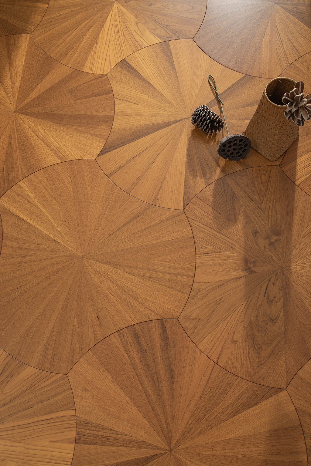 YXPY501 Teak Sunburst Radial Pattern Parquet Flooring | Lotus Leaf Series