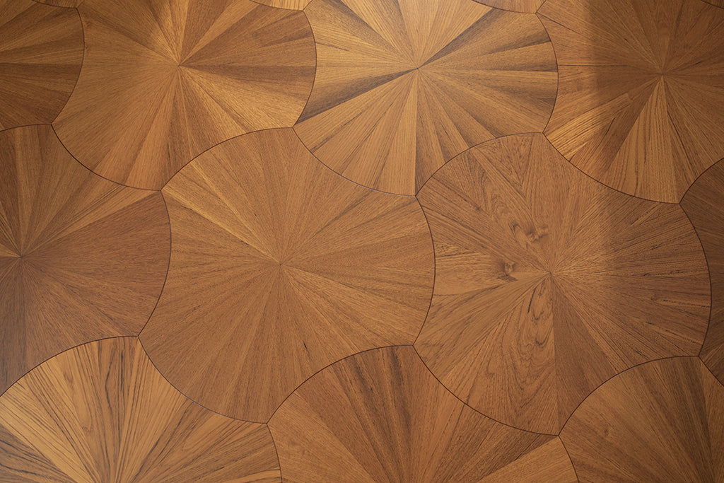 YXPY501 Teak Sunburst Radial Pattern Parquet Flooring | Lotus Leaf Series