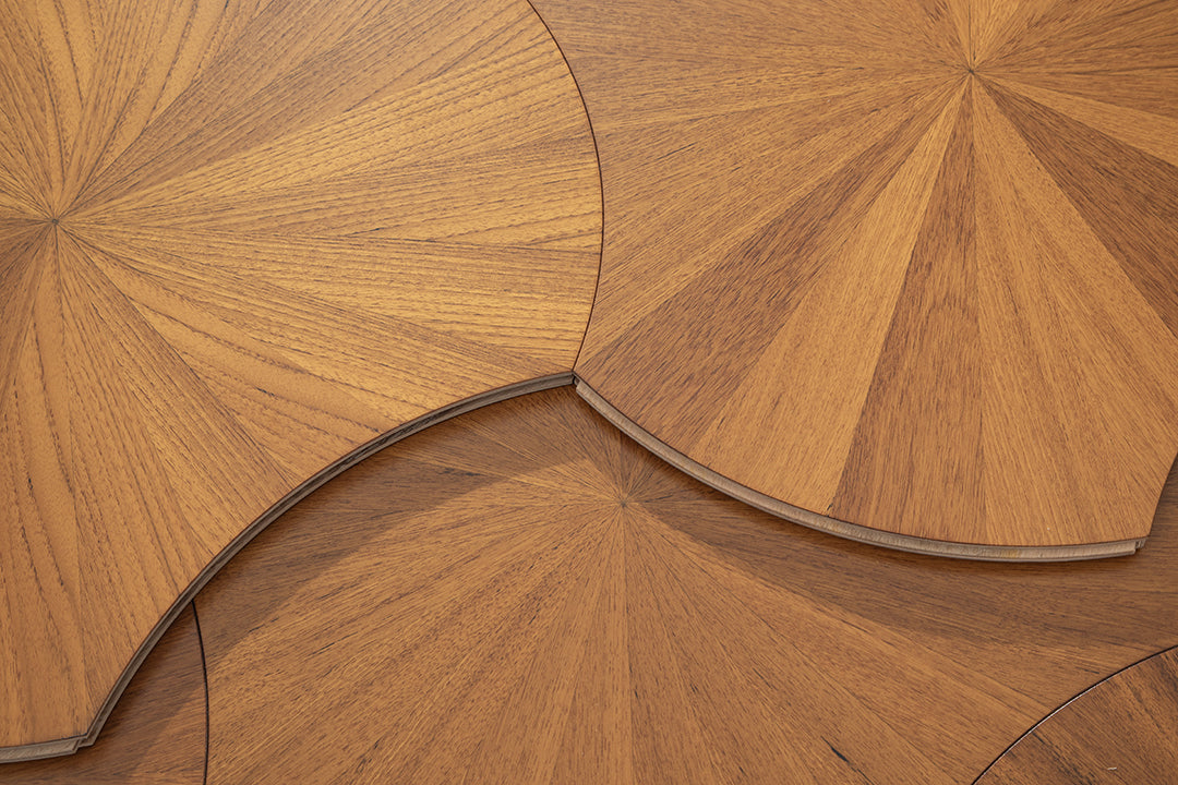 YXPY501 Teak Sunburst Radial Pattern Parquet Flooring | Lotus Leaf Series