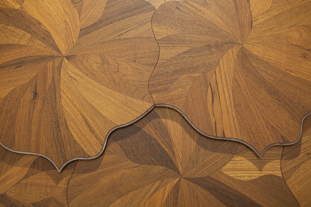 YXP382 Teak Full-Bloom Floral Marquetry Parquet Flooring | Peony Series