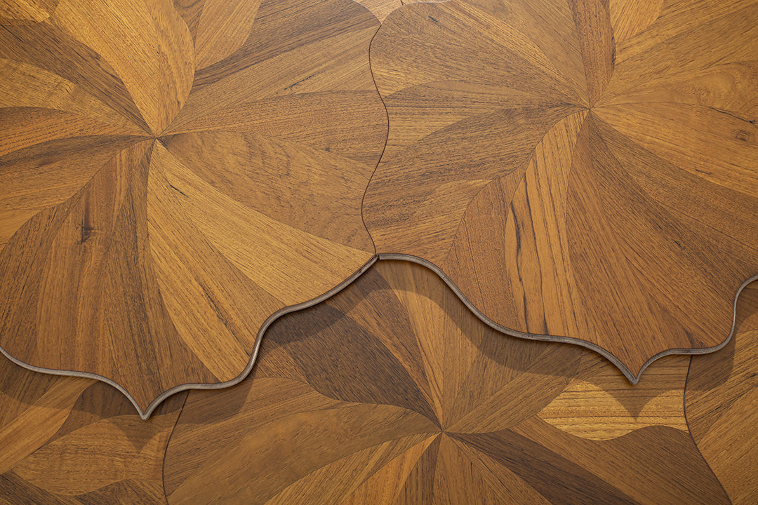 YXP382 Teak Full-Bloom Floral Marquetry Parquet Flooring | Peony Series