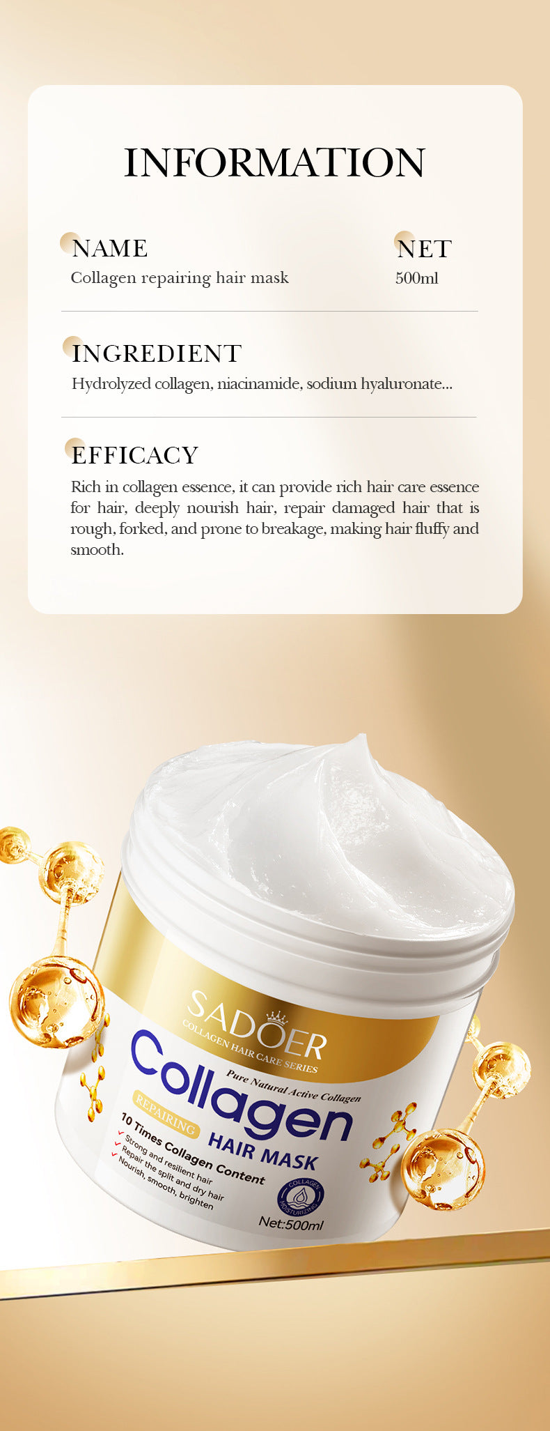 Full English Collagen Smooth Hair Mask500ml SADOER Nourishing and Fluffy Hair Conditioner  Wholesale
