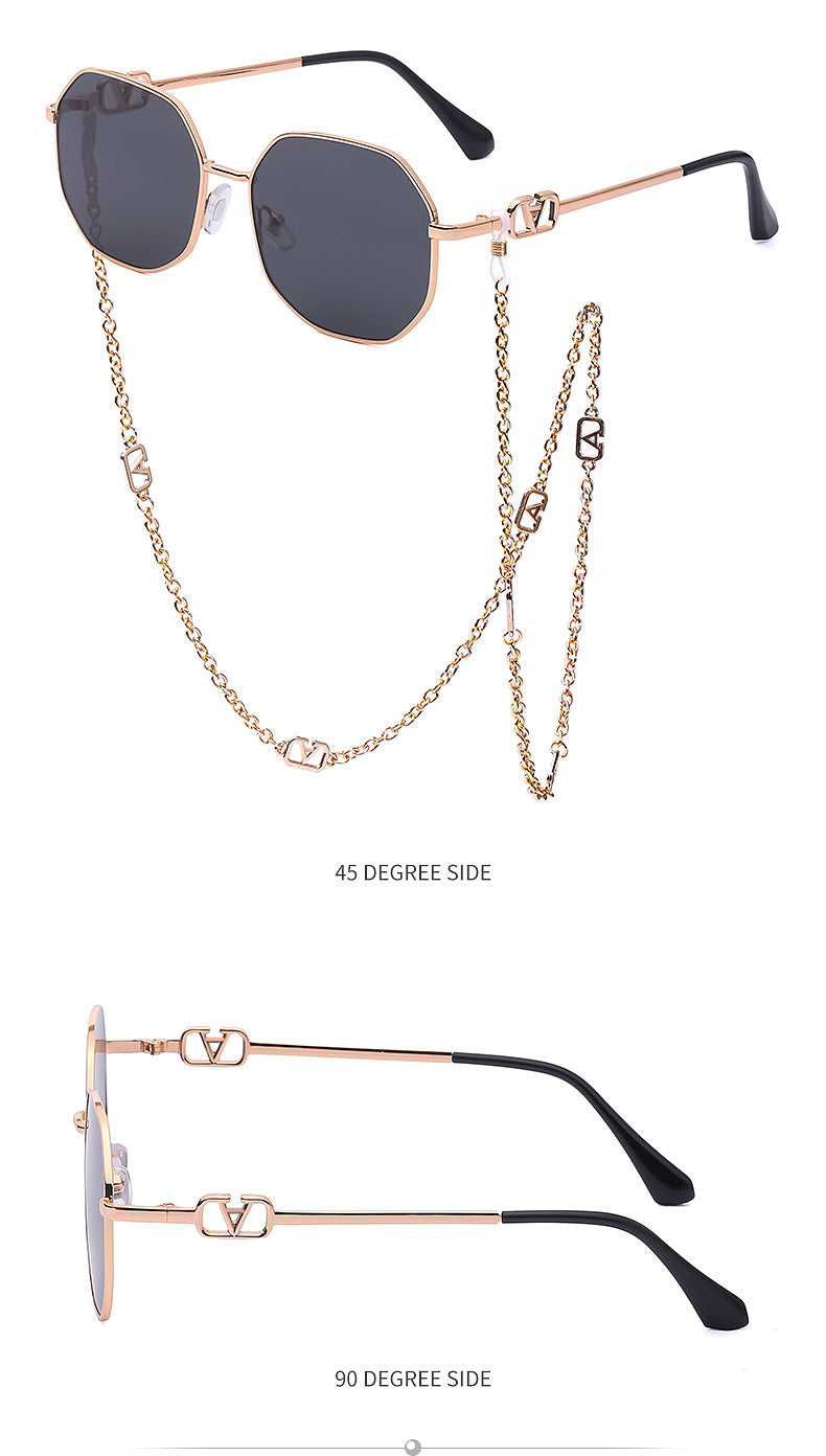 Chain Sunglasses for Women, Internet Celebrity Style, Anti-Drop Chain, Irregular Polygonal Full Frame Sunglasses for Women, Trendy