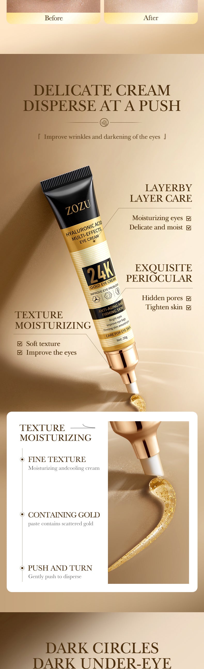 24K Gold Eye Cream ZOZU Hyaluronic Acid Hydrating and Moisturizing Eye Cream for Eye Wrinkles Cross-Border Wholesale