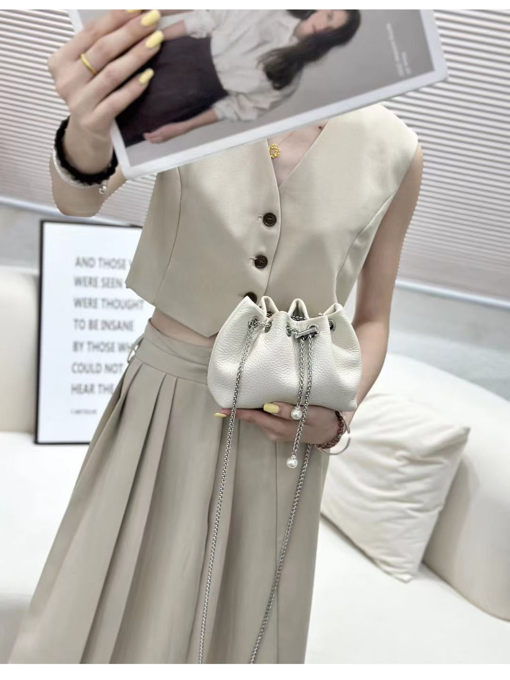 Niche Genuine Leather Bucket Bag for Women2024New Mini Small Bag Top Layer Cowhide Autumn Chain Shoulder Crossbody Bag