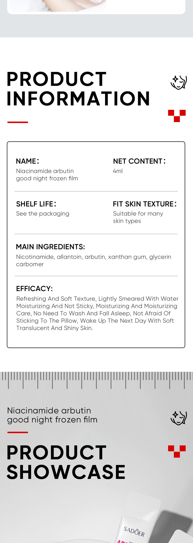 Arbutin Good Night Freeze Mask SADOER Niacinamide No-Rinse Sleeping Mask Strip Pack Cross-Border Wholesale