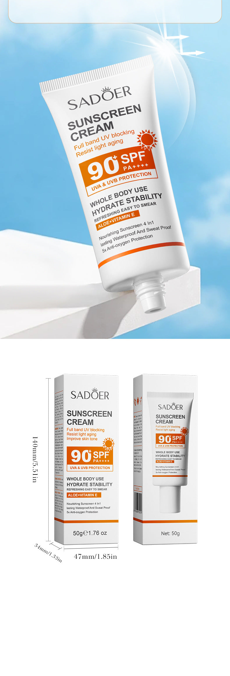 Full English Sunscreen SADOER Clear Anti-Aging Refreshing UV Protection Sunscreen Lotion  Wholesale