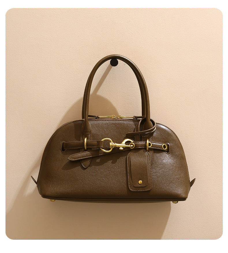 Miaojia Same Style European and American Retro Handbag Female Sense Top Layer Cowhide Crossbody Shell Bag Niche Boston Bag