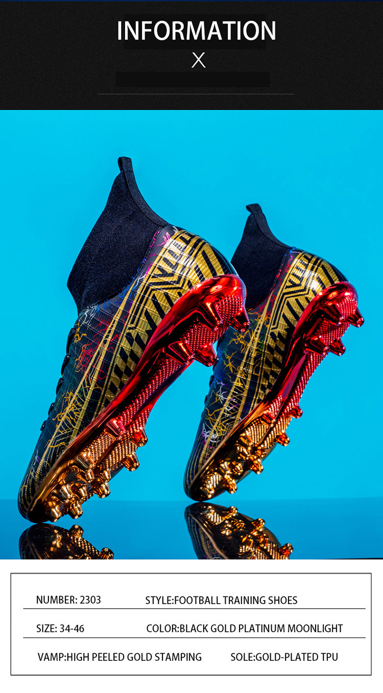 Large Size Men's Soccer Shoes AG Long Spike Gold-Plated Hot Stamping Football Shoes for Youth Professional Competition Training Shoes Wholesale