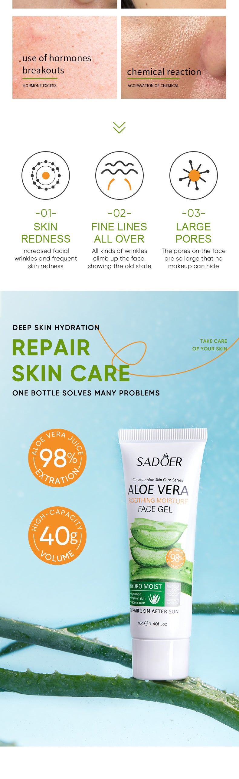 Aloe Vera Gel Aloe Vera Gel300g Large Capacity Hydrating Moisturizing Nourishing Cross-Border Foreign Trade Live Wholesale