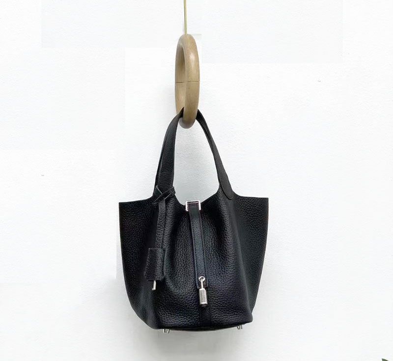 Genuine Leather Basket Bag2024New high-end casual bucket bag for women, top layer cowhide commuter handbag