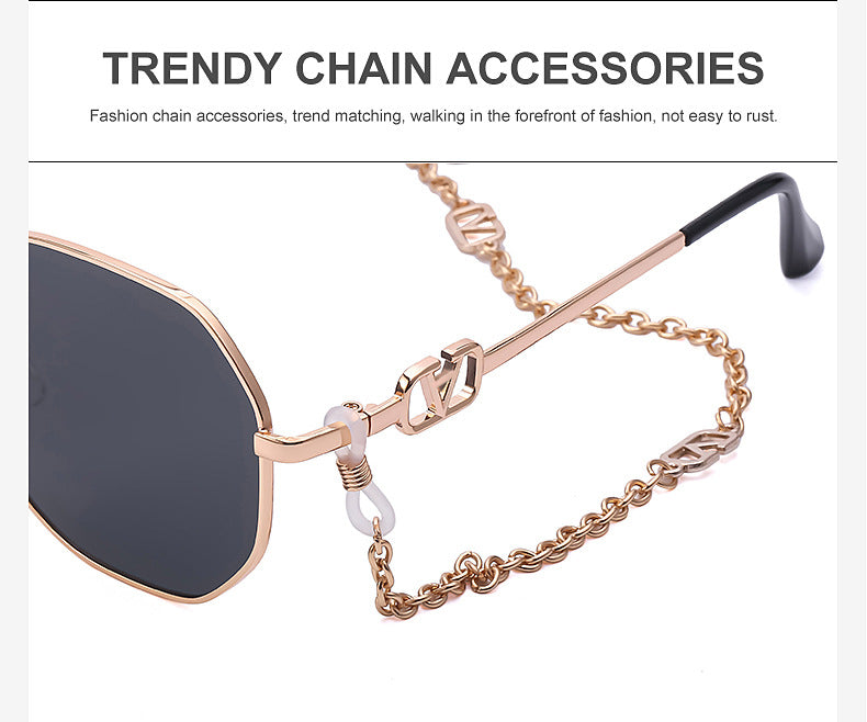 Chain Sunglasses for Women, Internet Celebrity Style, Anti-Drop Chain, Irregular Polygonal Full Frame Sunglasses for Women, Trendy
