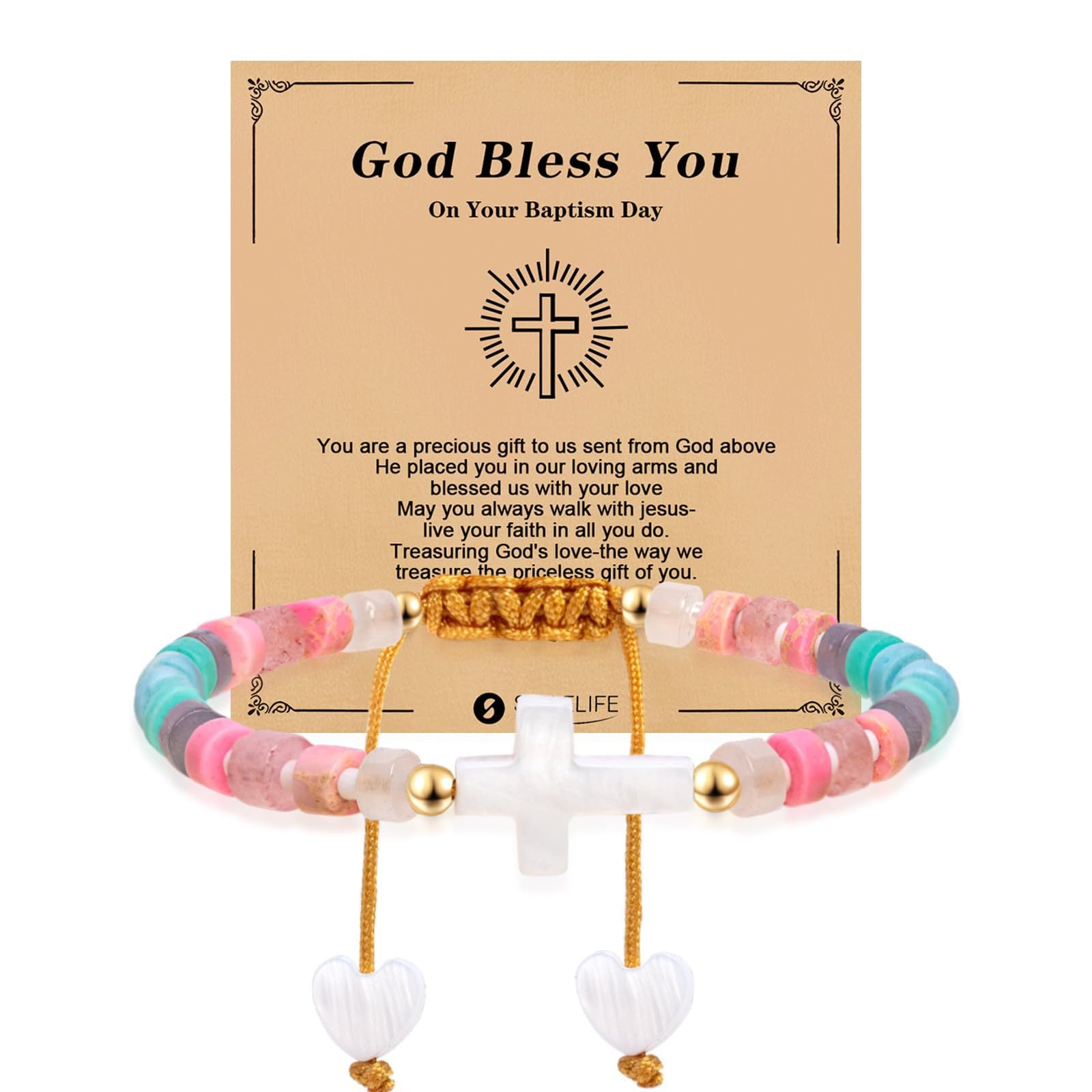 Women's Handmade Woven Bracelet with Heart Pendant, Spacer Beads, Gold Beads, Blessing Card, Stretchable Cross Woven Bracelet