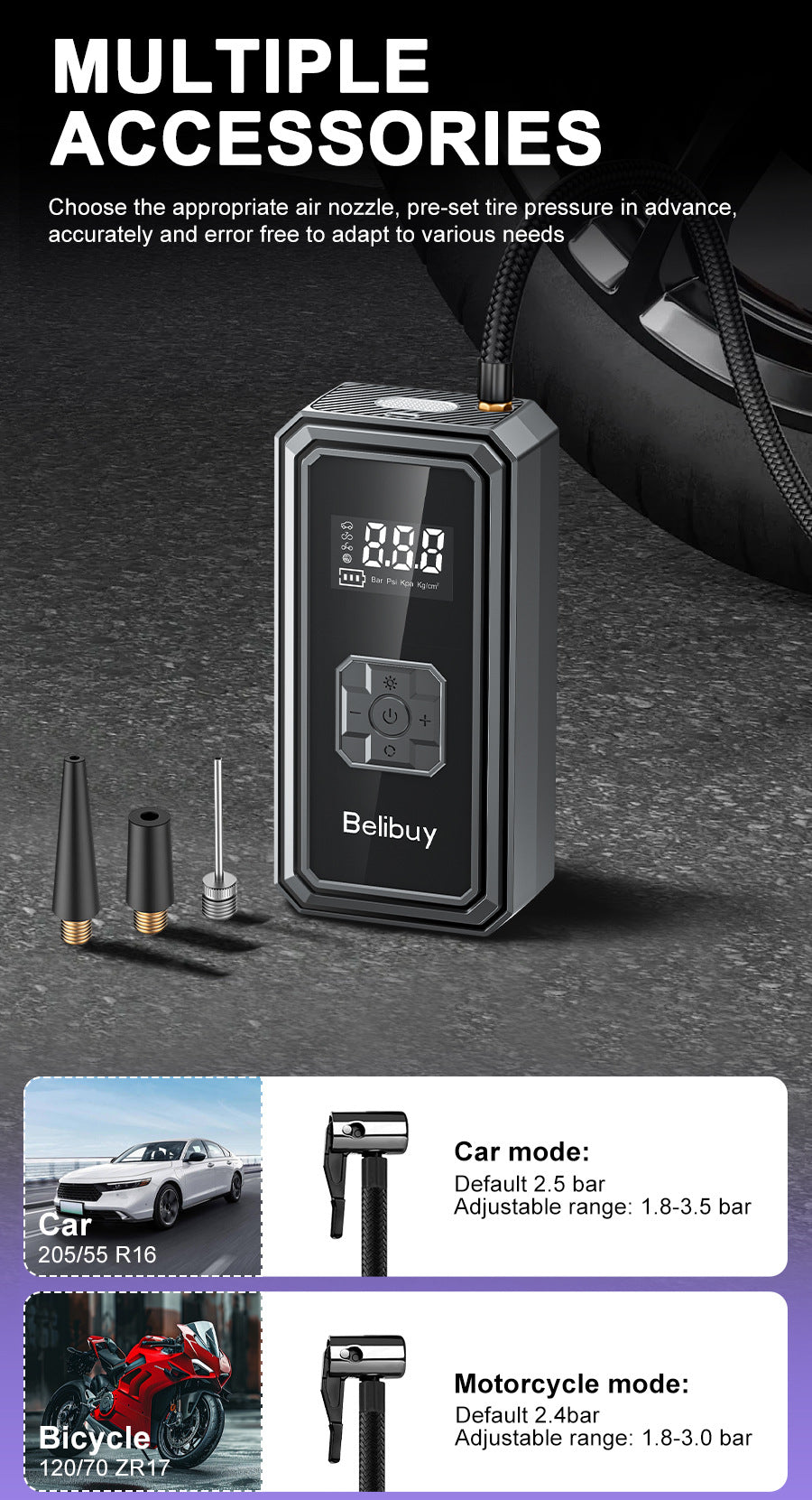 Car Air Pump for Cars and Home Use, Small Portable Wireless Electric Outdoor Universal Tire Inflator