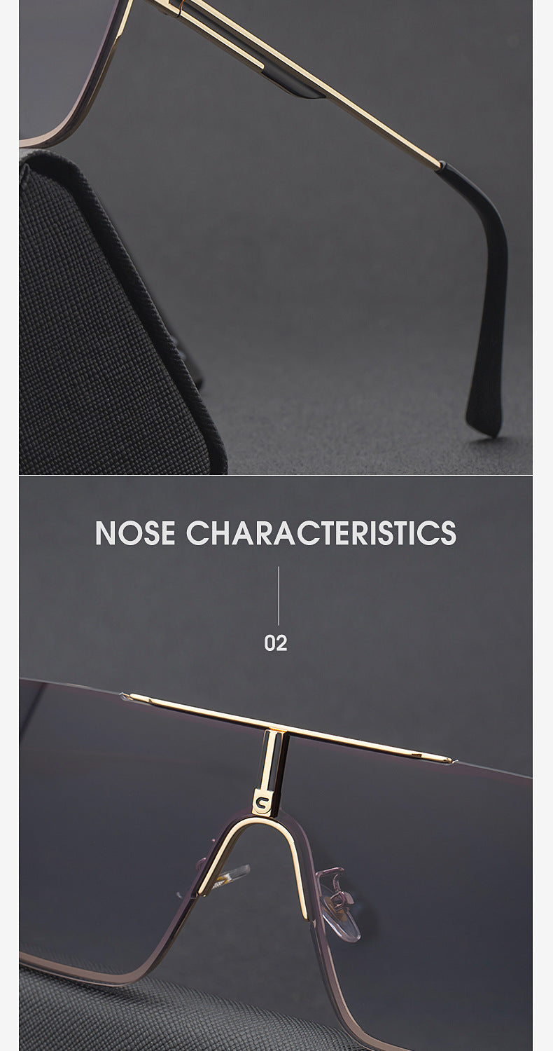 New Large Frame Sunglasses for Men Metal Frame One-piece Fashion Internet Celebrity Square Frame Glasses Trendy Sun Protection Driving Sunglasses