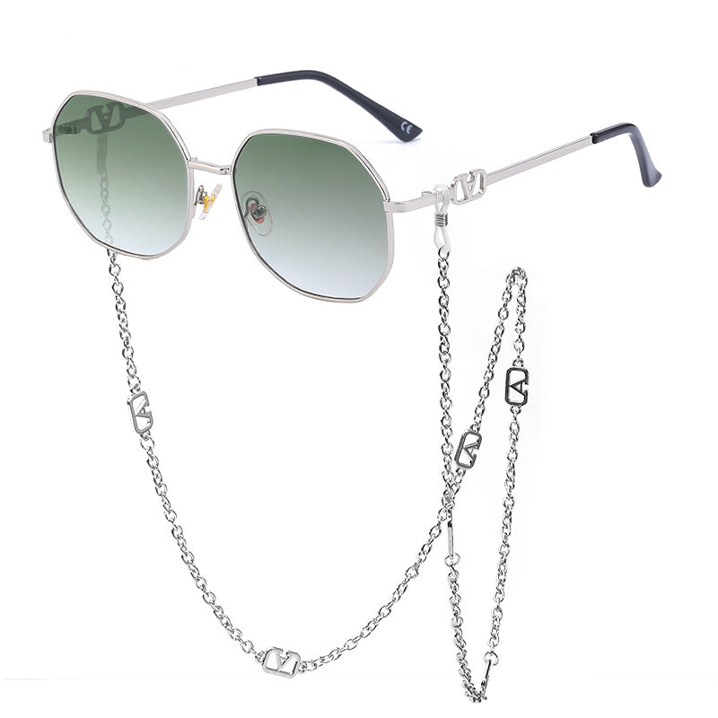 Chain Sunglasses for Women, Internet Celebrity Style, Anti-Drop Chain, Irregular Polygonal Full Frame Sunglasses for Women, Trendy
