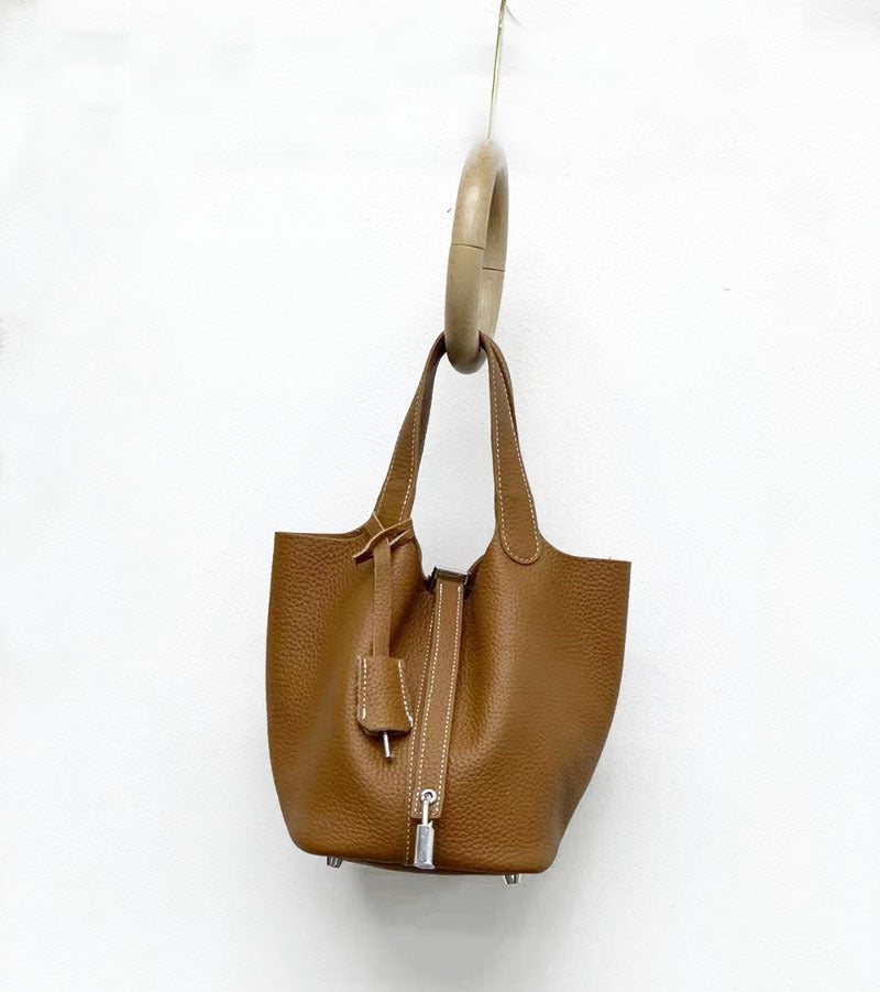 Genuine Leather Basket Bag2024New high-end casual bucket bag for women, top layer cowhide commuter handbag