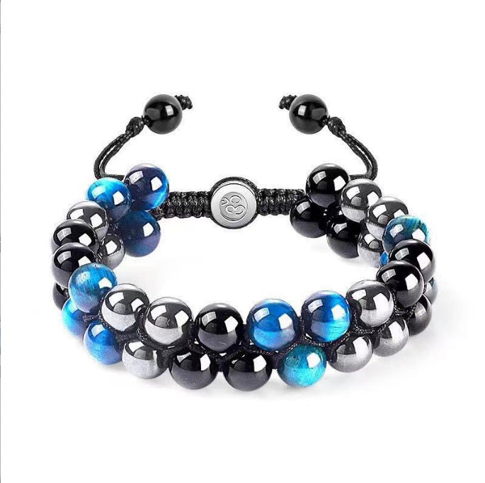 Tiger Eye Stone Woven Double Layer Bracelet Natural Stone Adjustable Stretch Bracelet Volcanic Tiger Eye Double Row Woven Bracelet