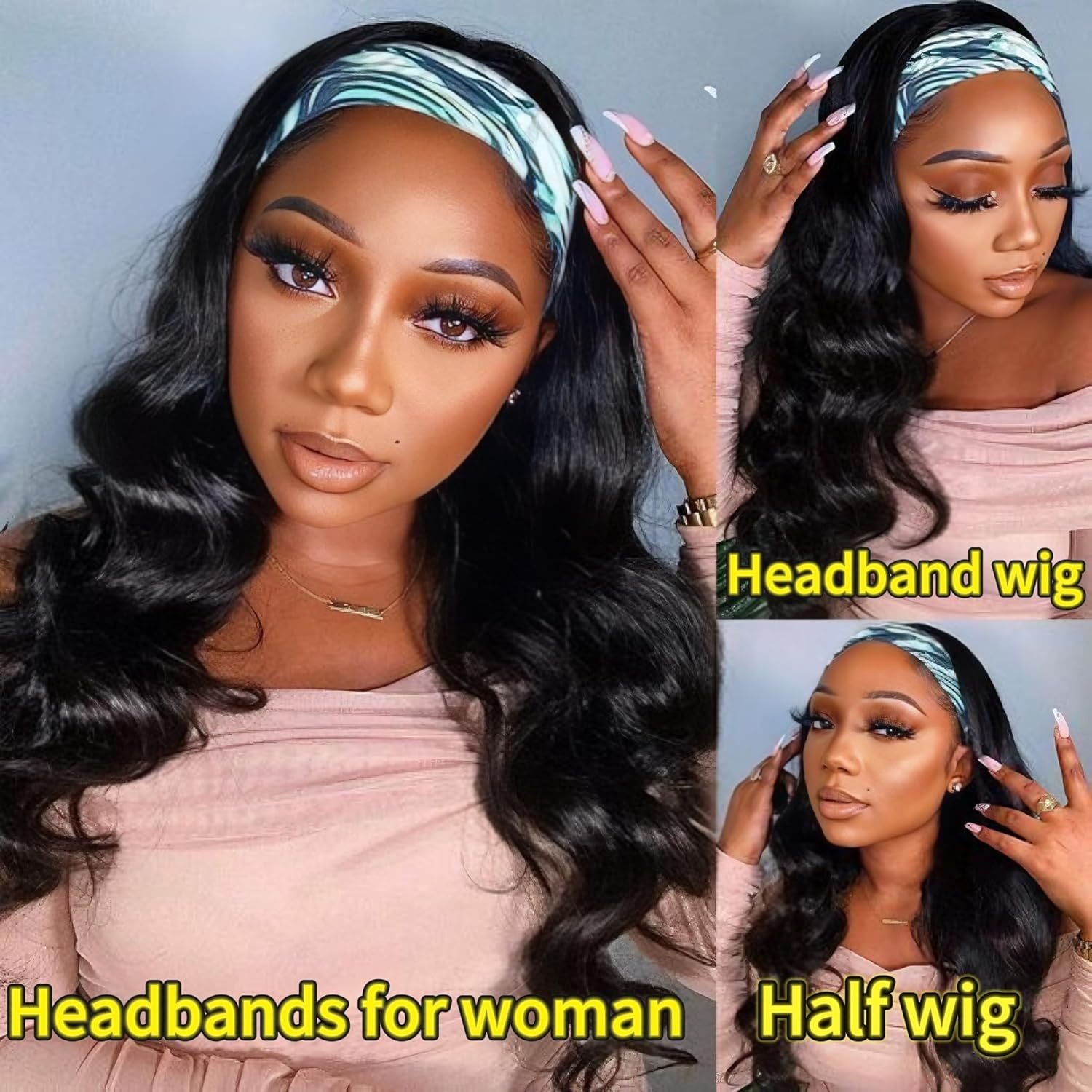 Afro Body wave Large Curly Hair Ribbon Hairband Curly Hair Glueless Synthetic Wig
