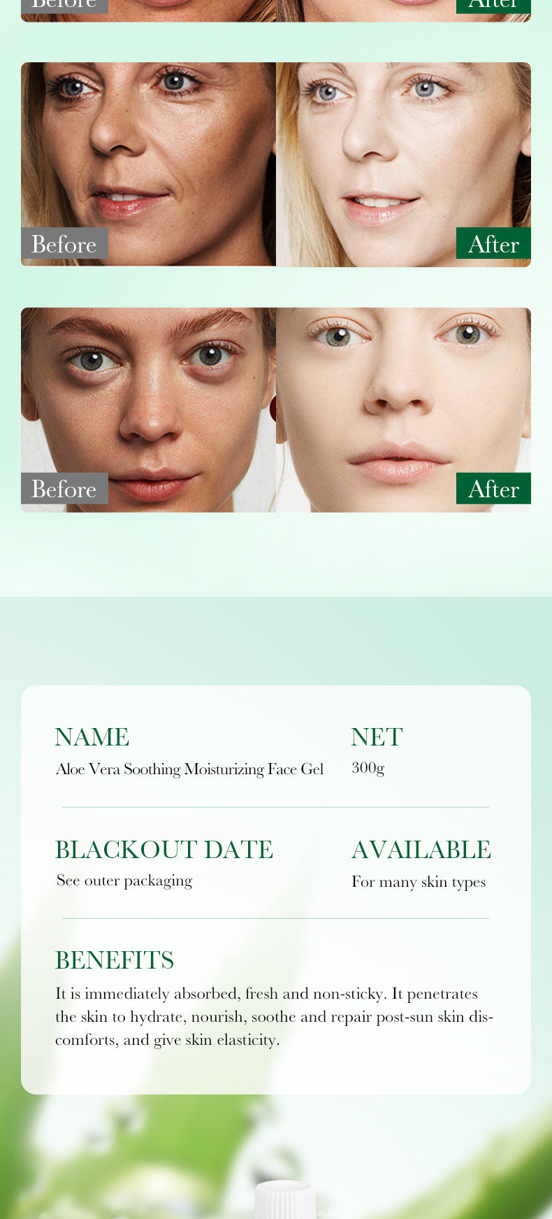 Aloe Vera Gel Aloe Vera Gel300g Large Capacity Hydrating Moisturizing Nourishing Cross-Border Foreign Trade Live Wholesale