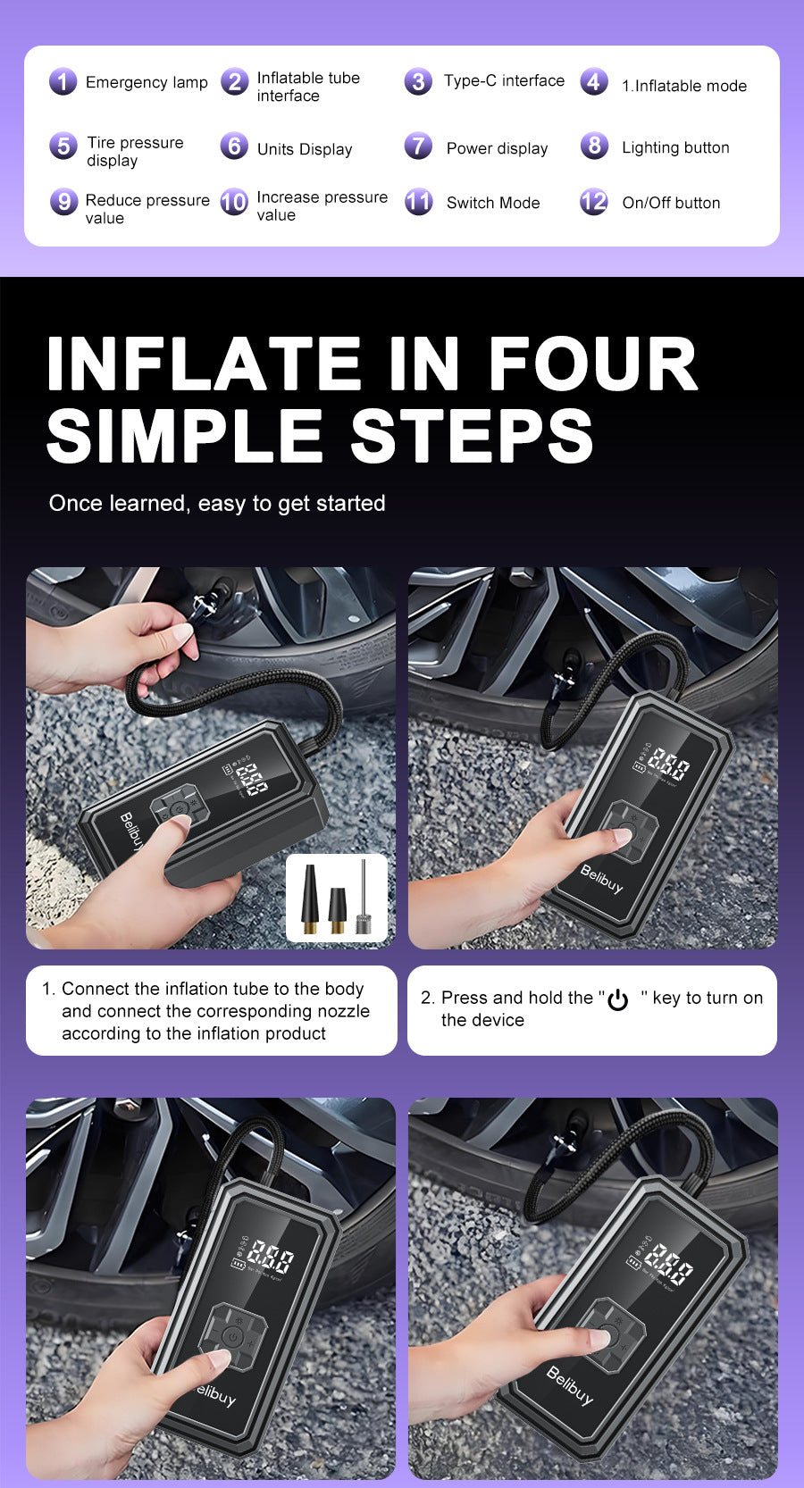 Car Air Pump for Cars and Home Use, Small Portable Wireless Electric Outdoor Universal Tire Inflator