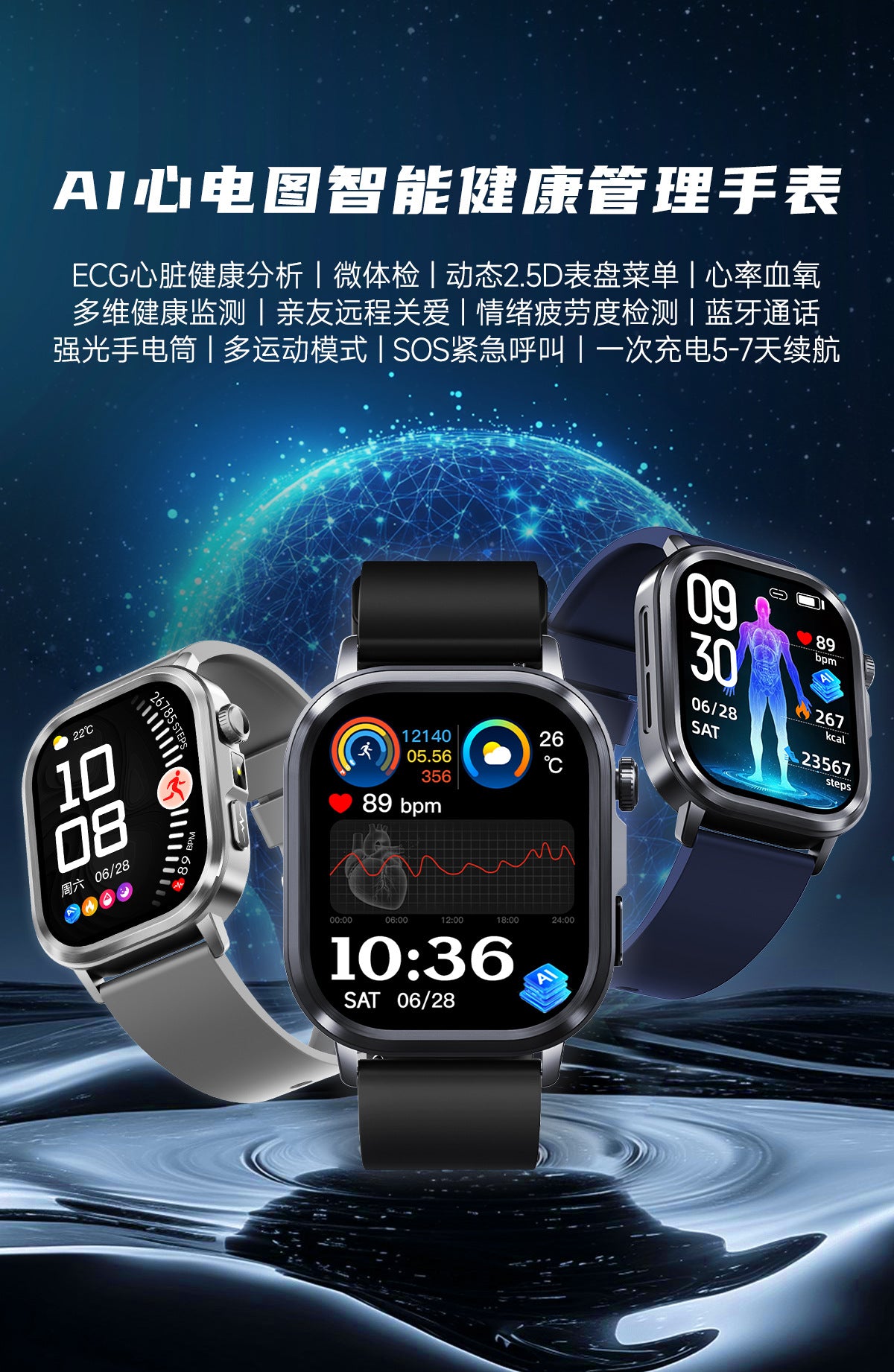 et573AI ECG Smart Health Management Watch Non-Invasive Blood Sugar Uric Acid Blood Lipid Monitoring Smart Watch