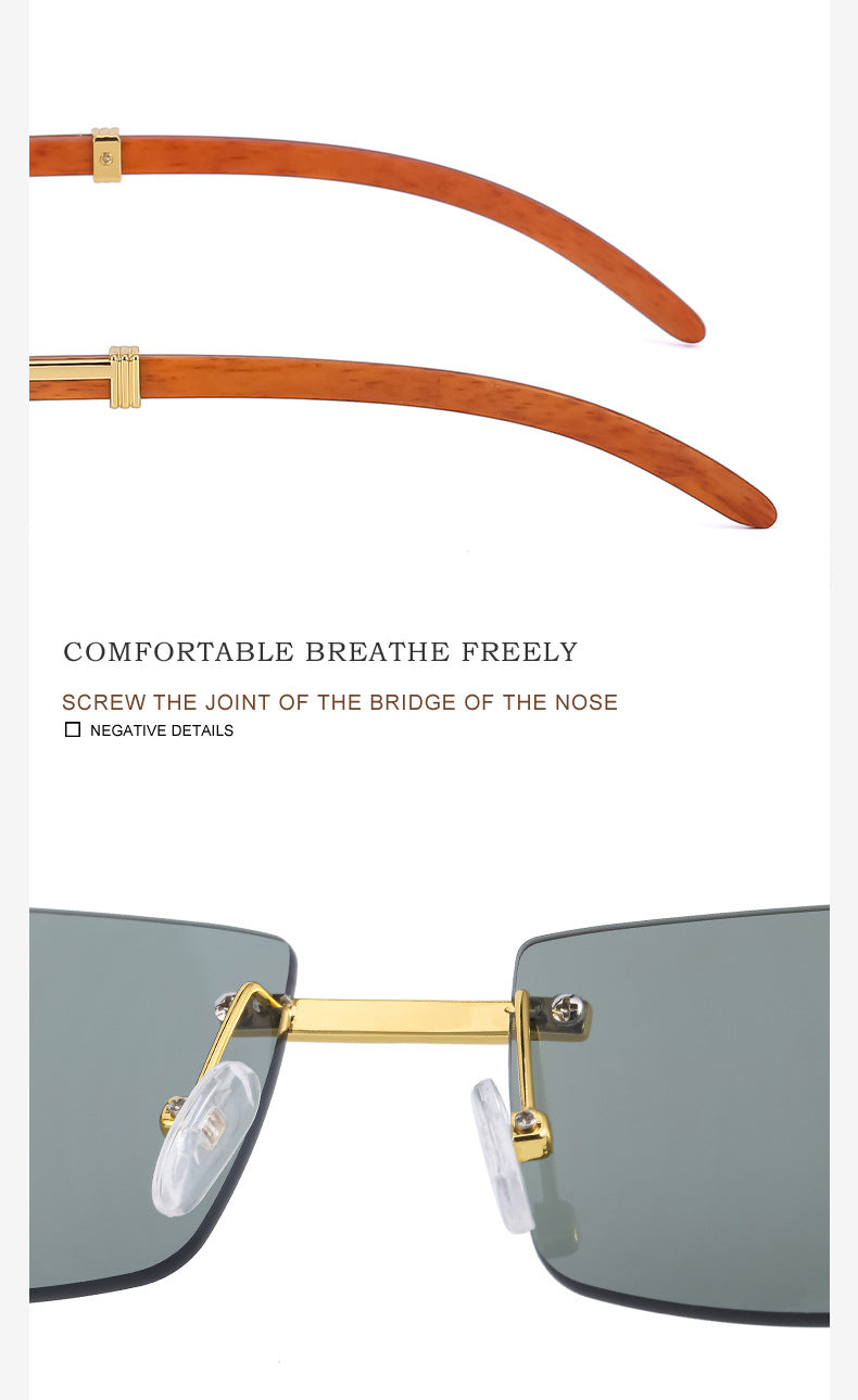Imitation Wood Grain Leg Retro Sunglasses for Men Fashion Trend Diamond-Studded Rimless Sunglasses Men's Sun Protection Square Frame Glasses Street Style