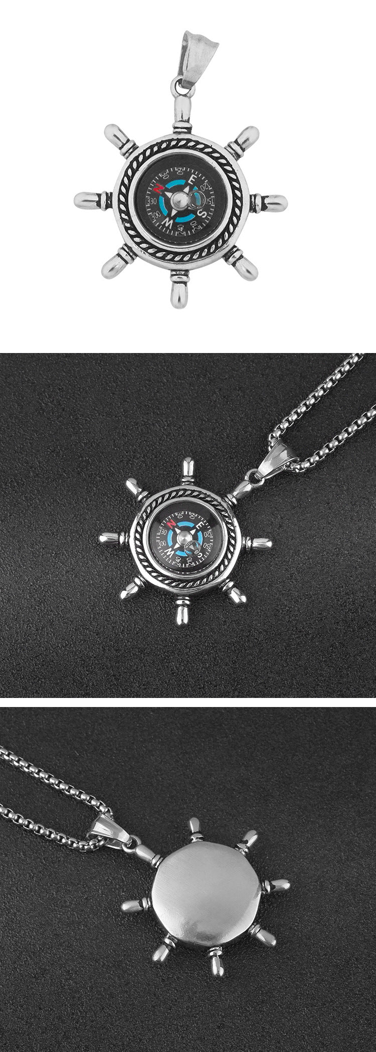 New Stainless Steel Compass Titanium Steel Pendant Personality Outdoor Trendy Fashion Punk Rock Necklace Wholesale