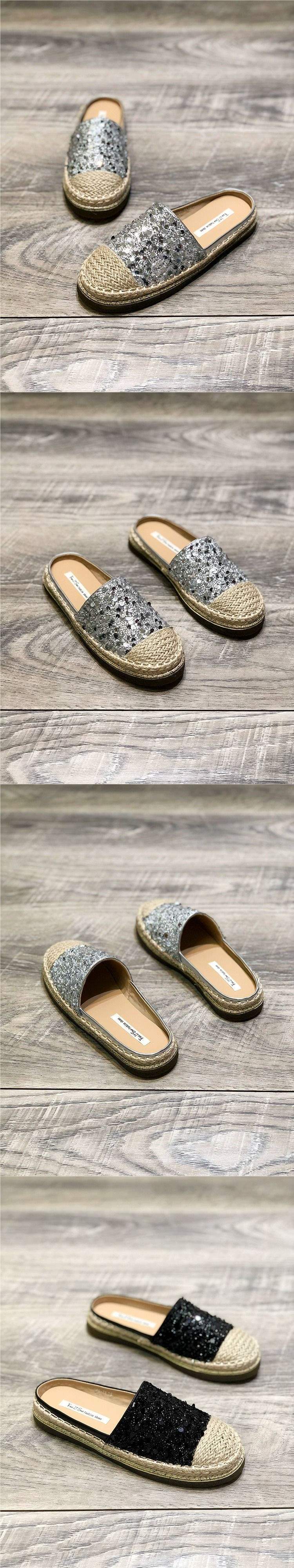 2025Spring New Knitted Retro Round Toe Sequin Slip-On Flat Fashion Closed-Toe Half Slippers Backless Fisherman Shoes