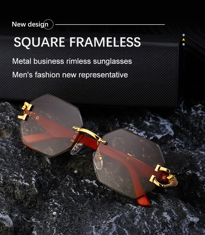 New European and American Retro Frameless Sunglasses for Men with Imitation Wood Grain Temples Wholesale Glasses shades
