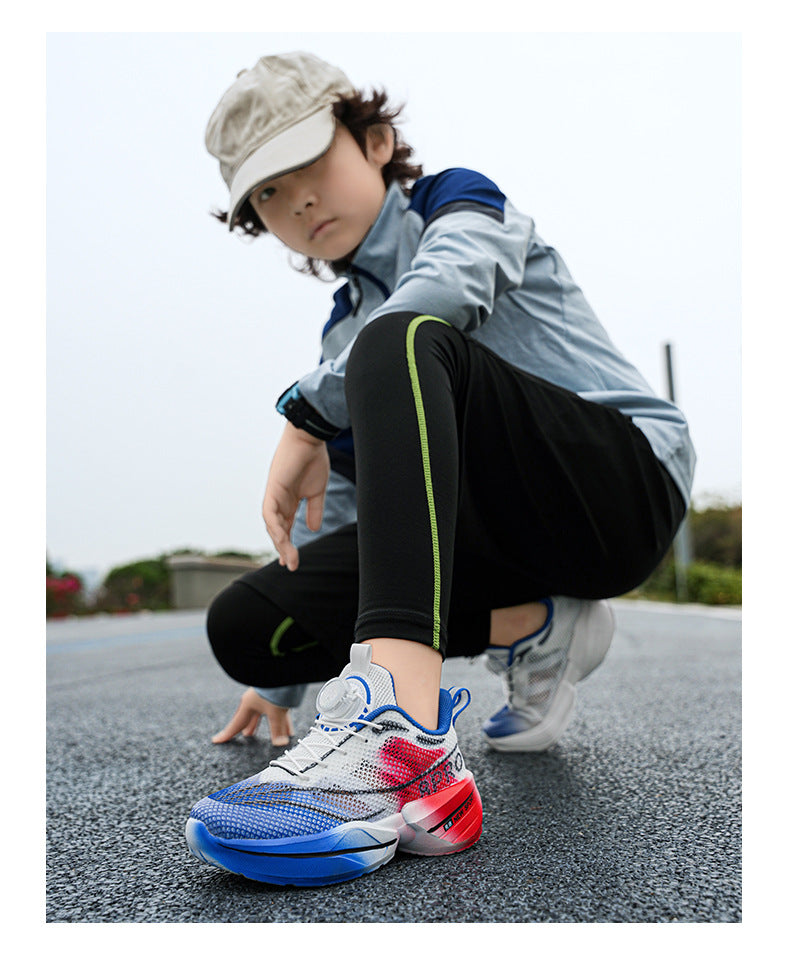 Red Rabbit Breathable Mesh Children's Rotating Buckle Trendy Shoes Boys' Non-Slip Wear-Resistant Sports Shoes Girls' Casual Mesh Running Shoes