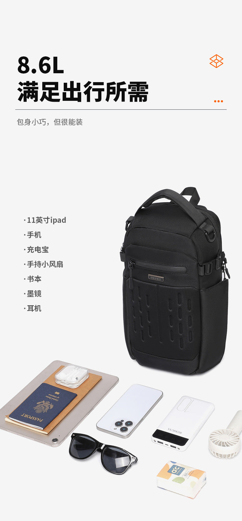 OZUKO Men's Chest Bag Waterproof Multifunctional Crossbody Bag Trendy Portable Small Backpack Large Capacity Single Shoulder Men's Bag