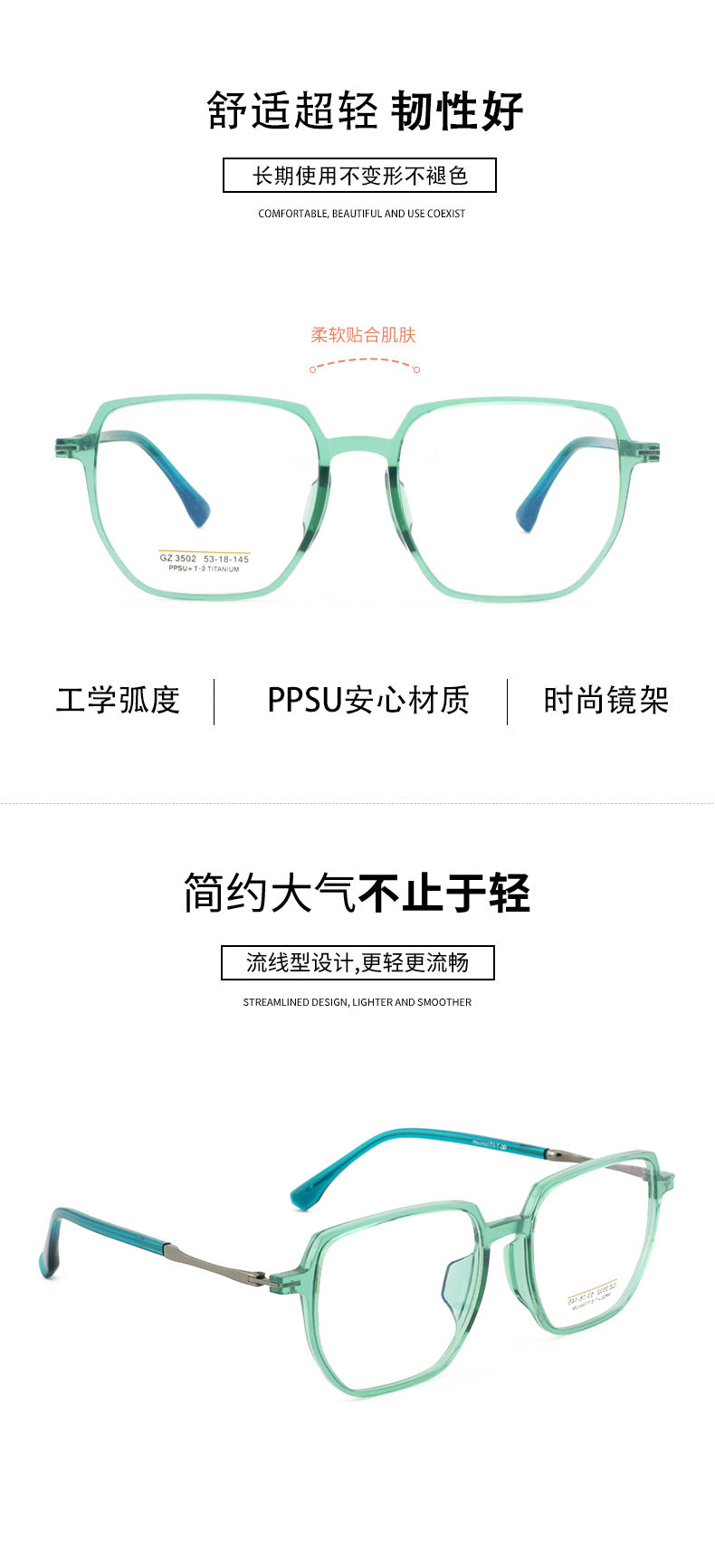 PPSU Titanium Frame Glasses Ultra-Light Ultra-Tough Comfortable Polygonal Semi-Titanium Frame Unisex Transparent Lightweight Large Frame